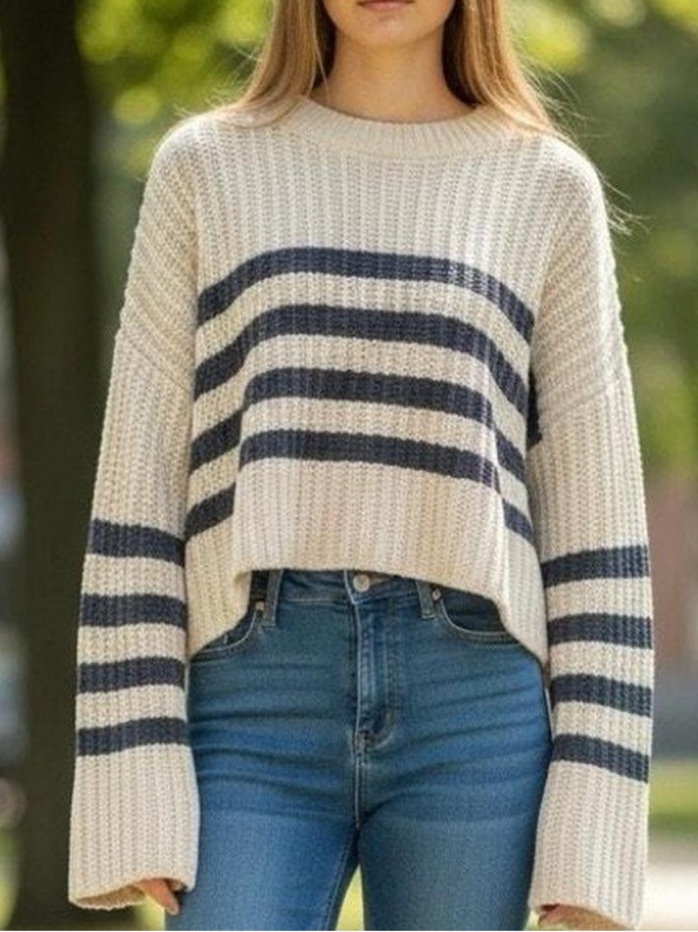 Pink Rose Cream and Navy Striped Crewneck Cropped Front Sweater | L